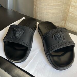 Versace black rubber slides flats mules slip ons logo wom 8, Men 6 Medusa unisex